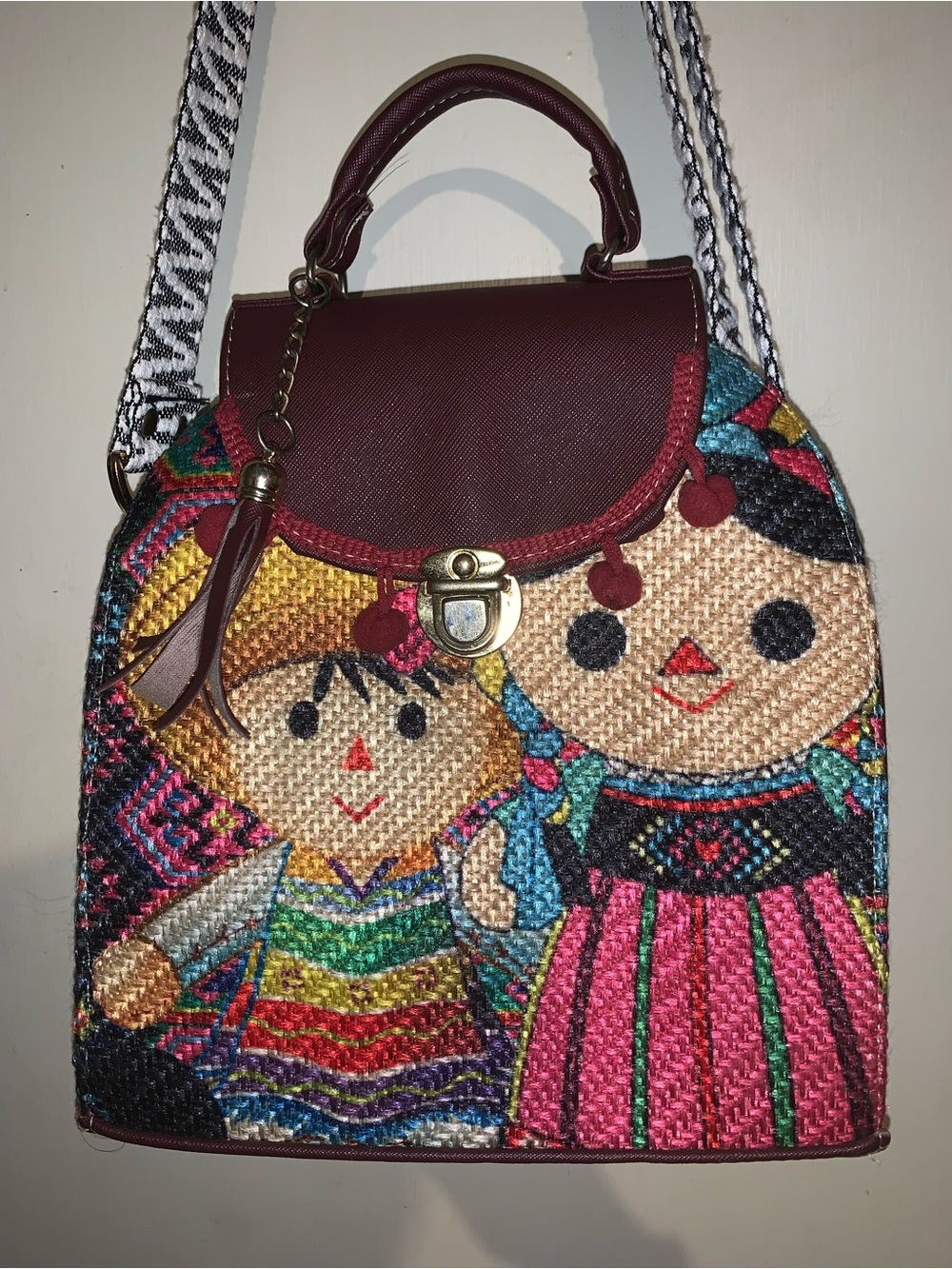 Folk Art Doll Convertible Backpack Purse Boho Crossbody Bag - Picture 2 of 12